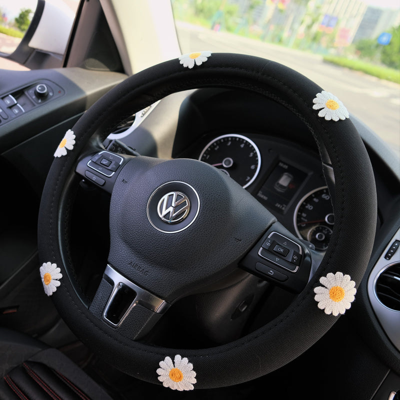 Ice Silk Steering Wheel Cover, Daisy Embroidery Patch Steering Wheel Cover, Cute Car Interior Accessory for Women, Boho Steering Wheel Cover