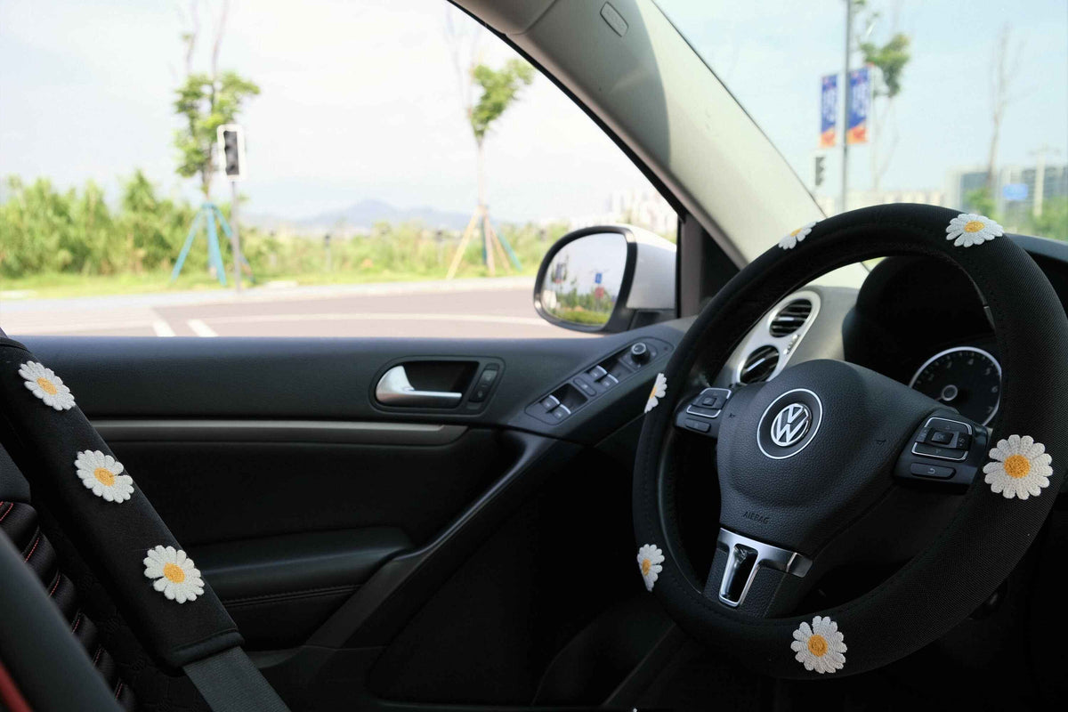 Daisy embroidery ice silk steering wheel cover for cute car interior