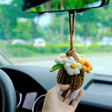 Crochet Fluffy Flowers Car Mirror Hanging Accessories, Mini Daisy Flower Basket Car Rear View Mirror Accessory, Boho Interior Car Accessory