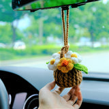 Crochet Fluffy Flowers Car Mirror Hanging Accessories, Mini Daisy Flower Basket Car Rear View Mirror Accessory, Boho Interior Car Accessory