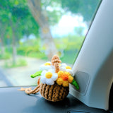 Crochet Fluffy Flowers Car Mirror Hanging Accessories, Mini Daisy Flower Basket Car Rear View Mirror Accessory, Boho Interior Car Accessory