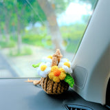 Crochet Fluffy Flowers Car Mirror Hanging Accessories, Mini Daisy Flower Basket Car Rear View Mirror Accessory, Boho Interior Car Accessory