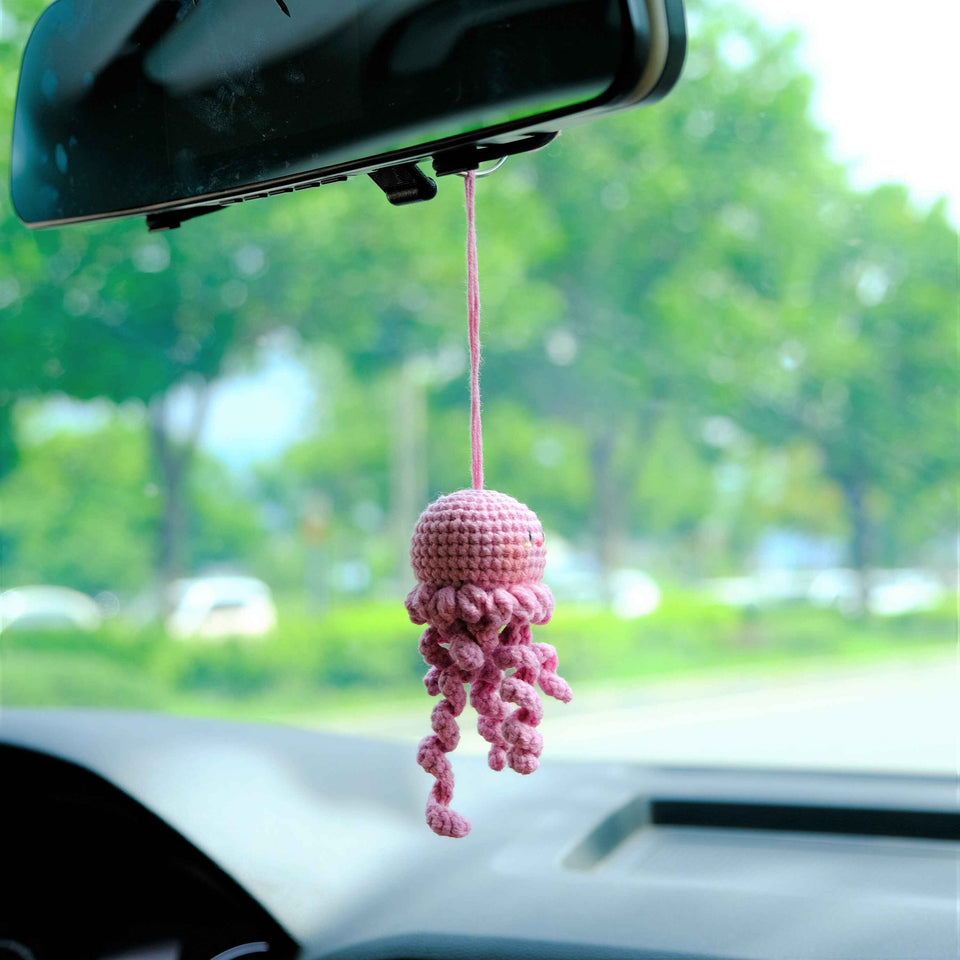 Kawaii crochet jellyfish rearview mirror accessory for car interior