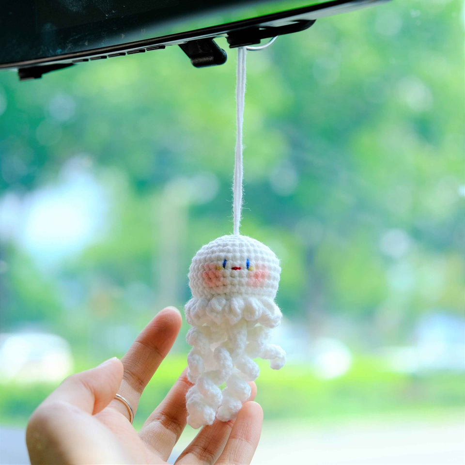 Smiley crochet jellyfish car mirror accessory for anime and kawaii style cars