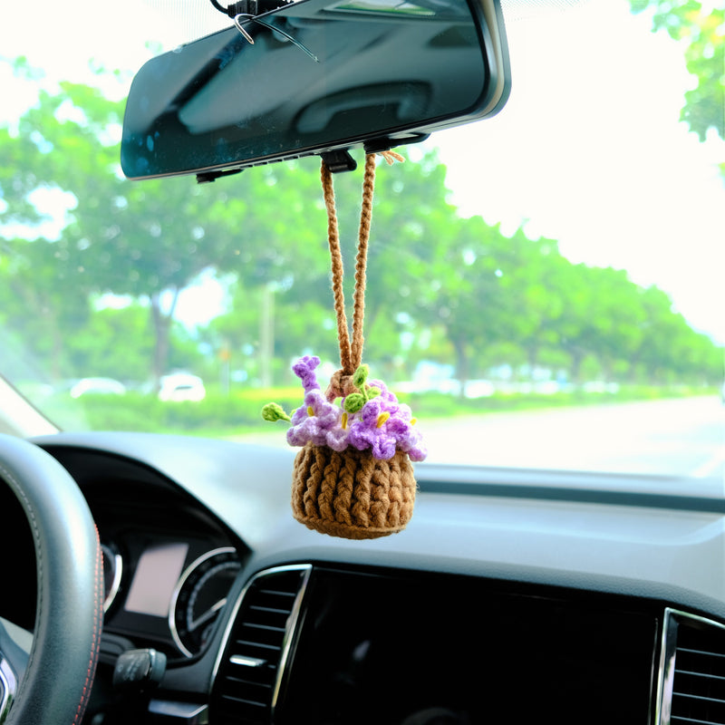 Crochet Forget Me Not Car Mirror Hanging Accessories, Mini Purple Flower Basket Car Rear View Mirror Accessory, Boho Interior Car Accessory