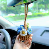 Crochet Forget Me Not Car Mirror Hanging Accessories, Mini Blue Flower Basket Car Rear View Mirror Accessory, Boho Interior Car Accessory