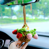 Crochet Strawberry & Daisy Car Mirror Hanging Accessories, Mini Flower Basket Car Rear View Mirror Accessory, Boho Interior Car Accessory