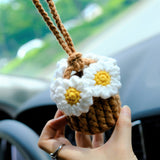 Crochet Strawberry & Daisy Car Mirror Hanging Accessories, Mini Flower Basket Car Rear View Mirror Accessory, Boho Interior Car Accessory