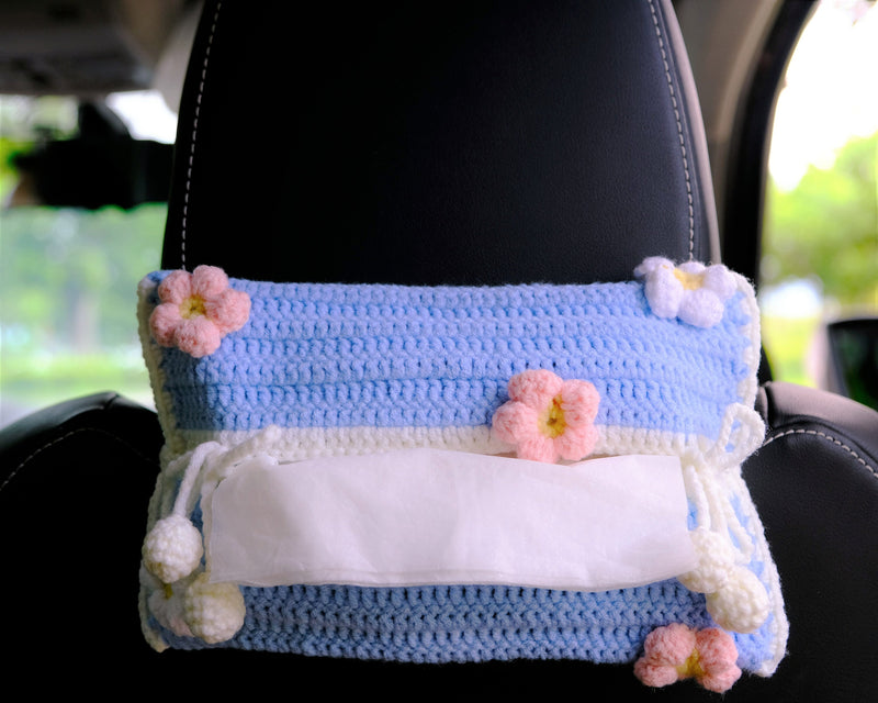 Crochet Fluffy Flower Car Tissue Box, Daisy Flower Car Tissue Box Holder, Flower Car Tissue Cover, Boho Interior Car Accessories for Women