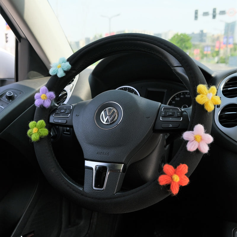 Ice Silk Steering Wheel Cover, Crochet Rainbow Flower Steering Wheel Cover, Cute Car Interior Accessory for Women, Boho Steering Wheel Cover