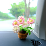 Crochet Daisy Car Accessories, Pink/White Daisy Potted Plant Car Dashboard Decor, Car Interior Accessory for Women, Pink Car Accessories