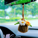 Crochet Fluffy Flowers Car Mirror Hanging Accessories, Mini Daisy Flower Basket Car Rear View Mirror Accessory, Boho Interior Car Accessory