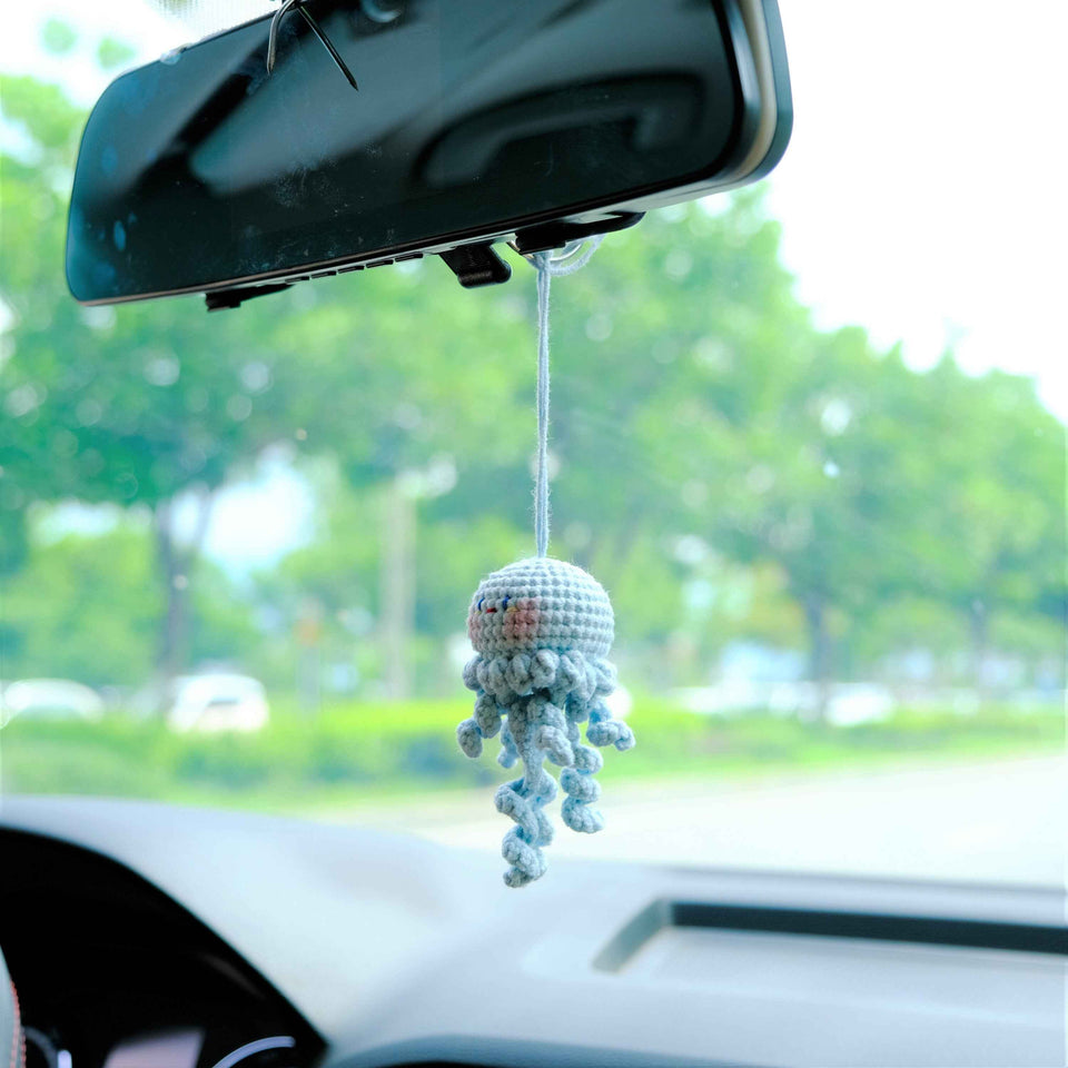 Cute crochet jellyfish car charm with handmade cotton yarn details