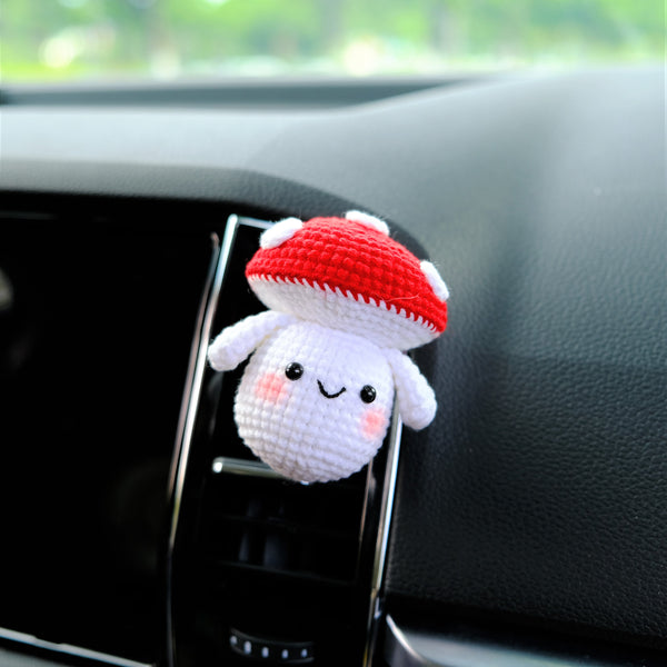 Crochet Mushroom Car Vent Clip, Smiley Mushroom Car Air Freshener, Anime Car Accessory, Kawaii Car Accessories, Cute Aar Accessory Interior