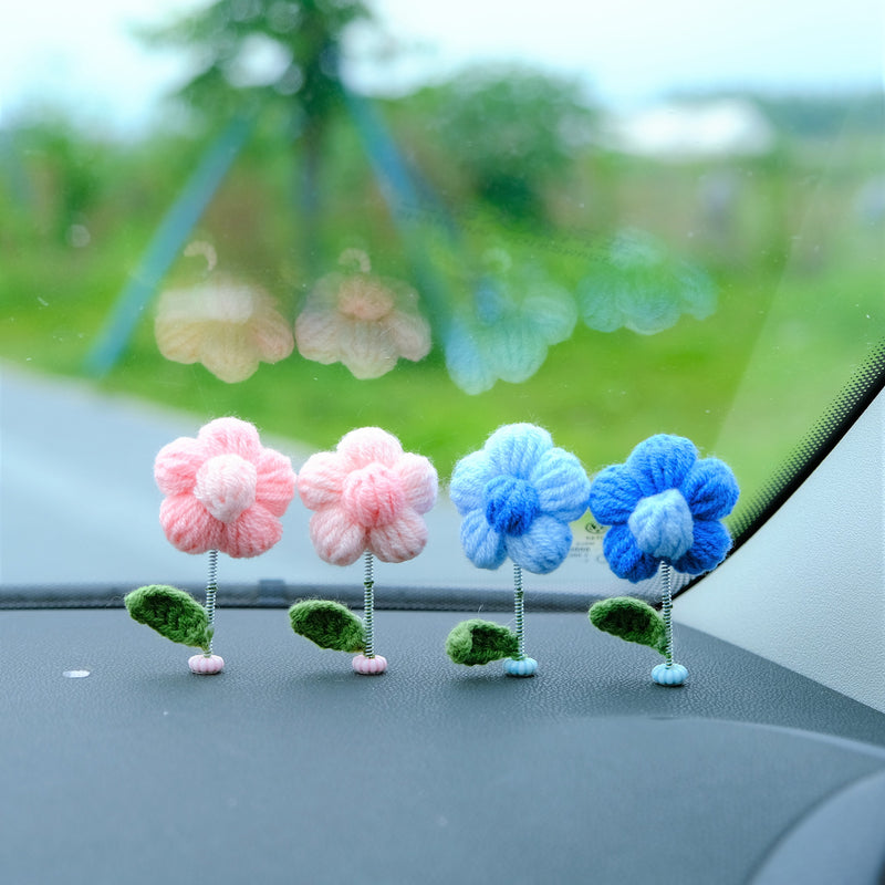 10pcs Mini Fluffy Flower Car Dashboard Decor, Crochet Rainbow Flower Bobblehead Car Accessory, Cute Car Accessories Interior, Christmas Gift