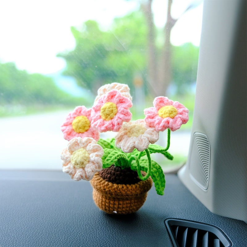 Crochet Daisy Car Accessories, Pink/White Daisy Potted Plant Car Dashboard Decor, Car Interior Accessory for Women, Pink Car Accessories