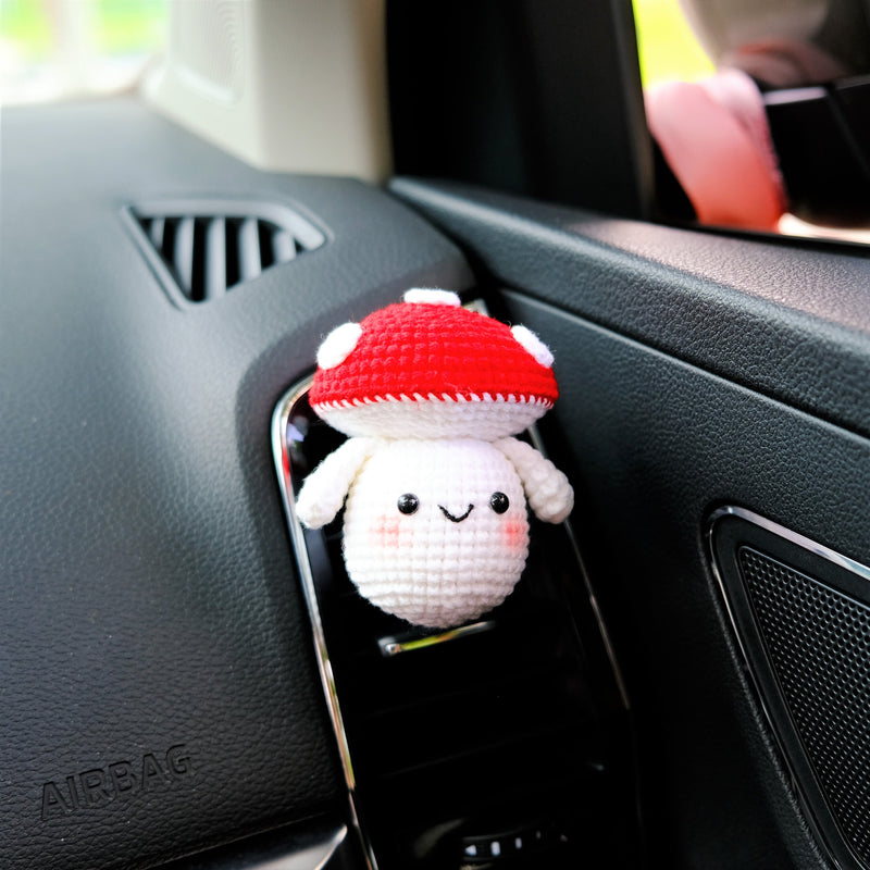 Crochet Mushroom Car Vent Clip, Smiley Mushroom Car Air Freshener, Anime Car Accessory, Kawaii Car Accessories, Cute Aar Accessory Interior