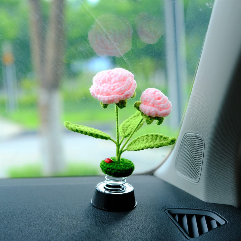 Crochet Rose Car Accessory, Pink Rose Bobblehead Car Dashboard Decor, Car Air Freshener, Car Interior Accessory for Women, Christmas Gift