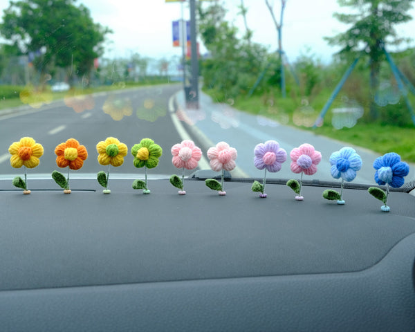 10pcs Mini Fluffy Flower Car Dashboard Decor, Crochet Rainbow Flower Bobblehead Car Accessory, Cute Car Accessories Interior, Christmas Gift