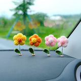 10pcs Mini Fluffy Flower Car Dashboard Decor, Crochet Rainbow Flower Bobblehead Car Accessory, Cute Car Accessories Interior, Christmas Gift