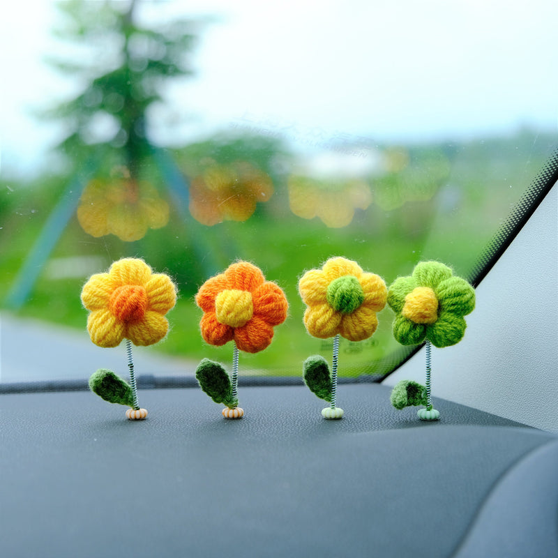 10pcs Mini Fluffy Flower Car Dashboard Decor, Crochet Rainbow Flower Bobblehead Car Accessory, Cute Car Accessories Interior, Christmas Gift