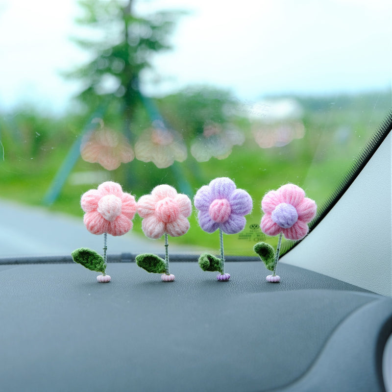 10pcs Mini Fluffy Flower Car Dashboard Decor, Crochet Rainbow Flower Bobblehead Car Accessory, Cute Car Accessories Interior, Christmas Gift