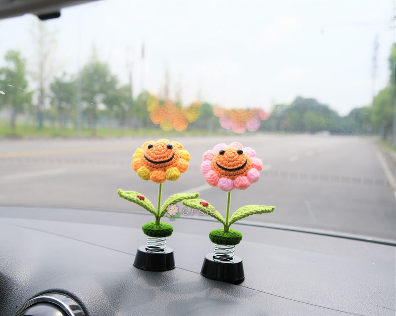 Crochet Sunflower Car Dashboard Decor, Smiley Sunflower Bobblehead Car Interior Accessories for Women, Boho Car Accessory, Car Air Freshener