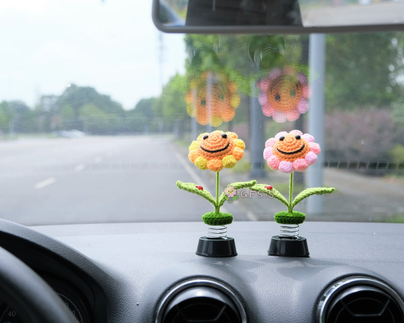 Crochet Sunflower Car Dashboard Decor, Smiley Sunflower Bobblehead Car Interior Accessories for Women, Boho Car Accessory, Car Air Freshener