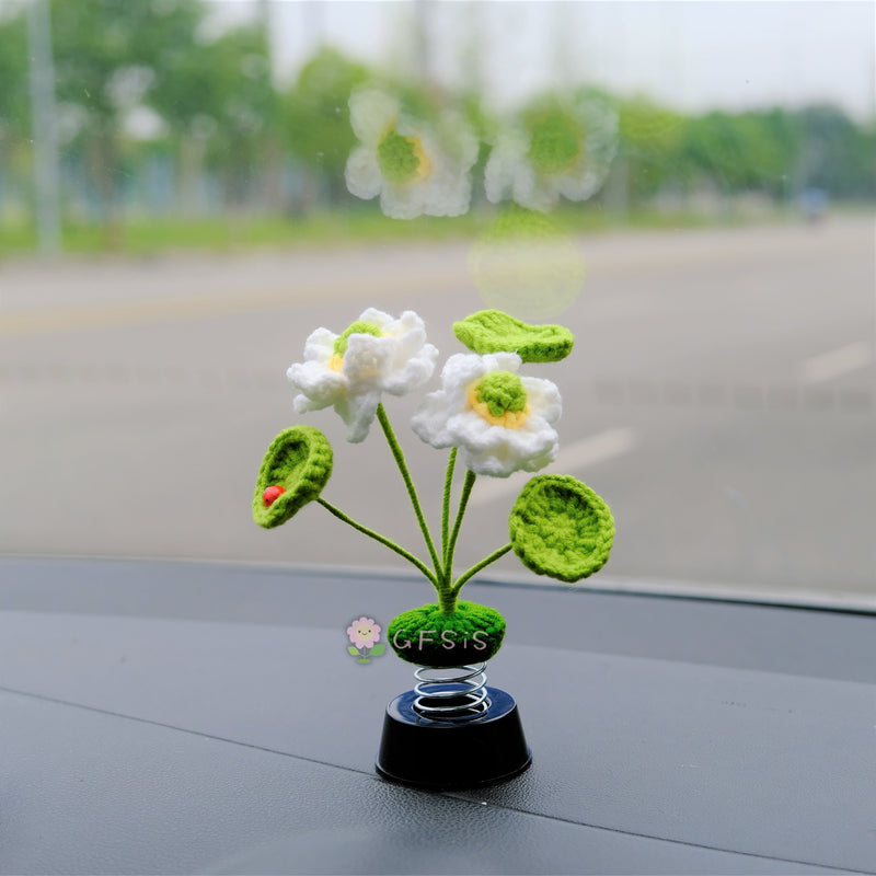 Crochet Lotus Car Bobblehead Accessory, Lotus Flower & Leaves Car Dashboard Decor, Boho Car Interior Accessory for Women, Car Air Freshener