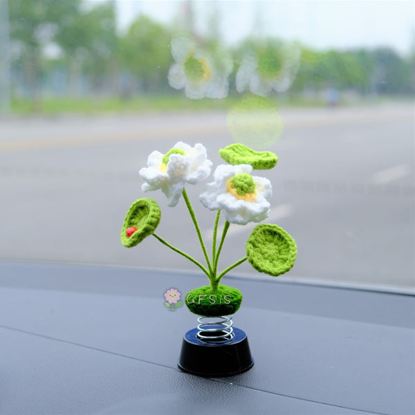 Crochet Lotus Car Bobblehead Accessory, Lotus Flower & Leaves Car Dashboard Decor, Boho Car Interior Accessory for Women, Car Air Freshener