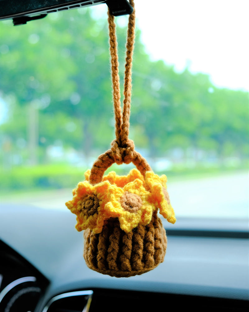 Crochet Sunflower Car Mirror Hanging Accessories, Mini Flower Basket Car Rear View Mirror Accessory, Boho Interior Car Accessory for Women