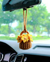 Crochet Sunflower Car Mirror Hanging Accessories, Mini Flower Basket Car Rear View Mirror Accessory, Boho Interior Car Accessory for Women