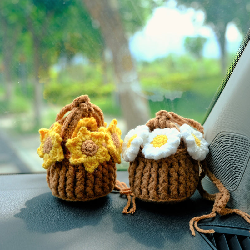 Crochet Sunflower Car Mirror Hanging Accessories, Mini Flower Basket Car Rear View Mirror Accessory, Boho Interior Car Accessory for Women