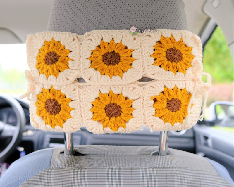 Crochet Sunflower Car Tissue Box, Cute Sunflower Car Tissue Box Holder, Flower Car Tissue Cover, Boho Interior Car Accessories for Women