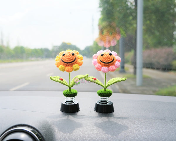 Crochet Sunflower Car Dashboard Decor, Smiley Sunflower Bobblehead Car Interior Accessories for Women, Boho Car Accessory, Car Air Freshener