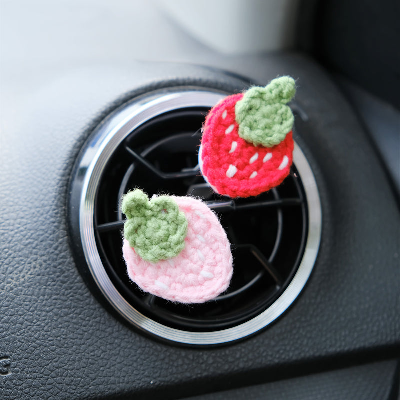 3Pcs Crochet Strawberry Car Diffuser, Car Plant Vent Clip, Cute Car Air Freshener, Cute Car Accessory for Interior, Christmas Gift for Women