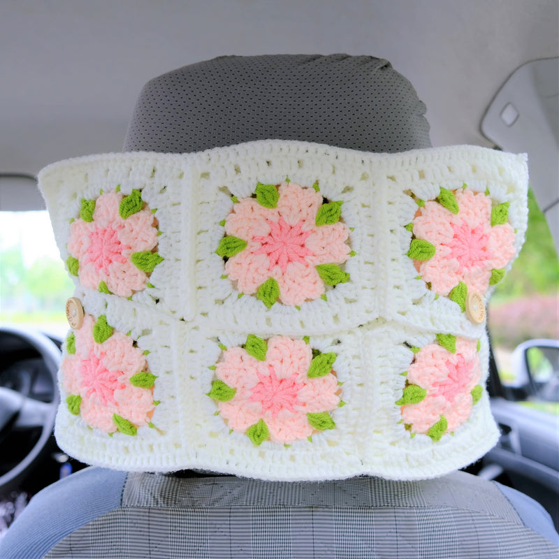 Crochet Cherry Blossom Car Tissue Box, Pink Flowers Car Tissue Box Holder, Boho Car Tissue Cover, Boho Interior Car Accessories for Women