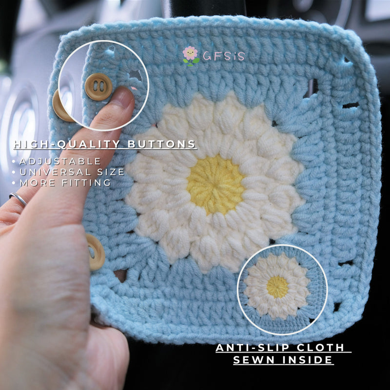 Crochet Sakura Steering Wheel Cover, Adjustable Steering Wheel Cover, Cute Car Interior Accessory for Women, Boho Steering Wheel Cover