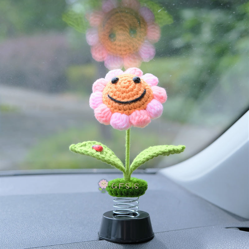 Crochet Sunflower Car Dashboard Decor, Smiley Sunflower Bobblehead Car Interior Accessories for Women, Boho Car Accessory, Car Air Freshener