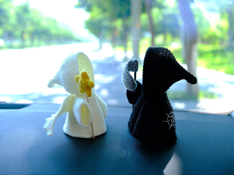 Crochet Ghost Doll Car Dashboard Decor, Cute Angel & Grim Reaper Car Dashboard Accessory, Spooky Interior Car Accessory, Halloween Gift