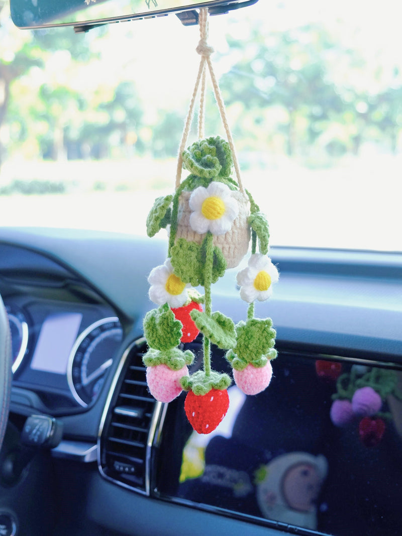 Crochet Strawberry & Daisy Car Mirror Hanging Accessories, Succulents Car Rear View Mirror Accessory, Boho Interior Car Accessory for Women