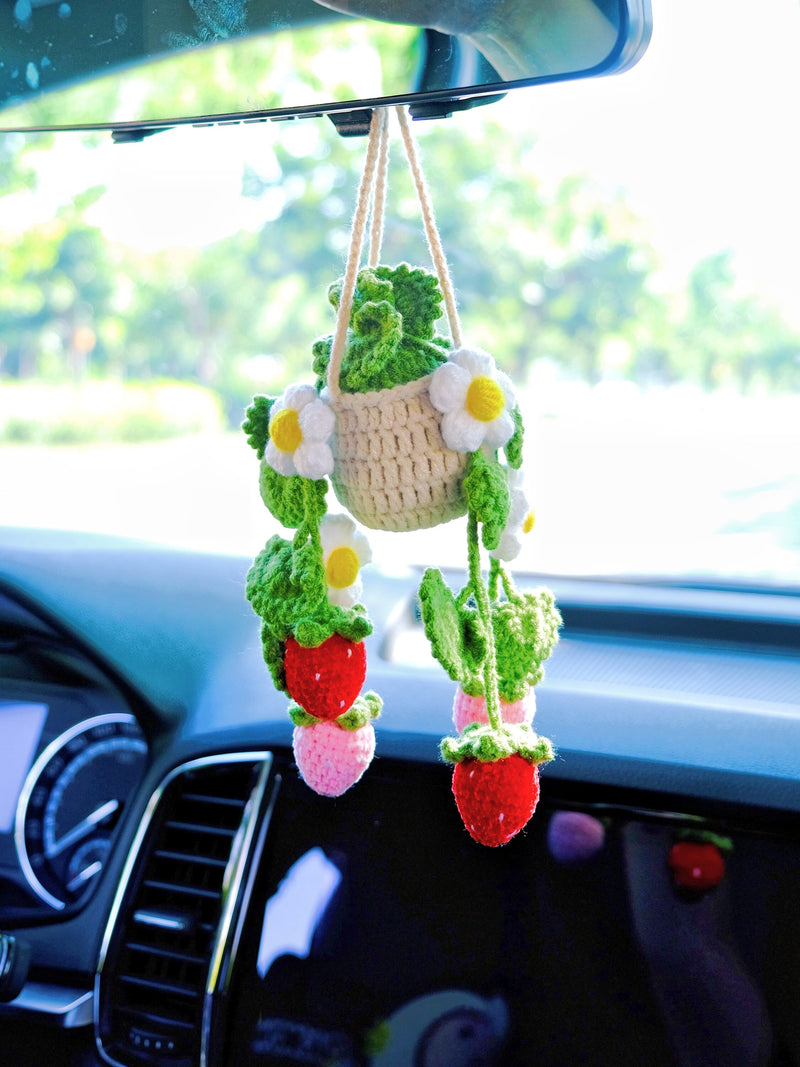 Crochet Strawberry & Daisy Car Mirror Hanging Accessories, Succulents Car Rear View Mirror Accessory, Boho Interior Car Accessory for Women