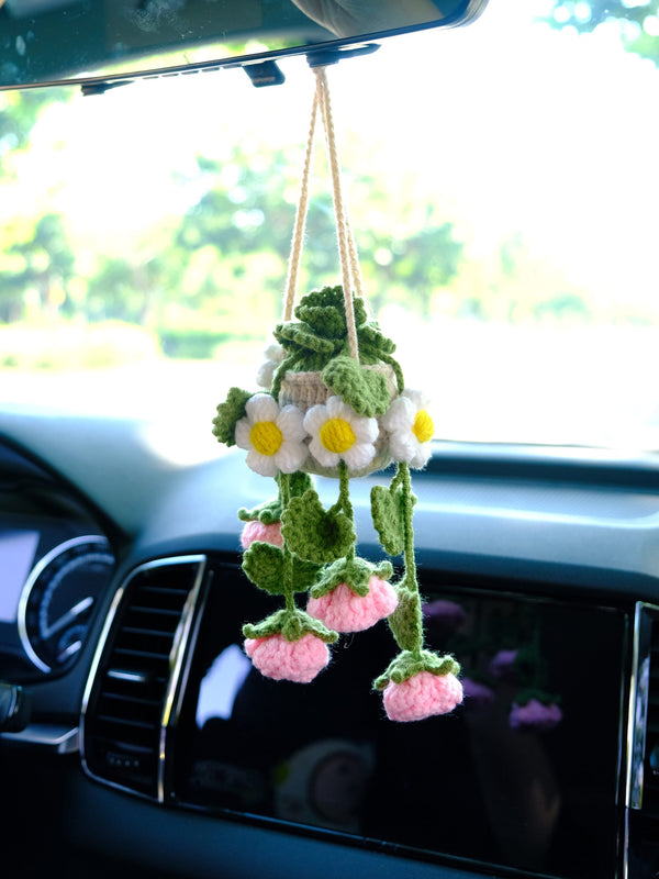 Crochet Rose & Daisy Car Mirror Hanging Accessories, Succulents Car Rear View Mirror Accessory, Boho Interior Car Accessory for Women