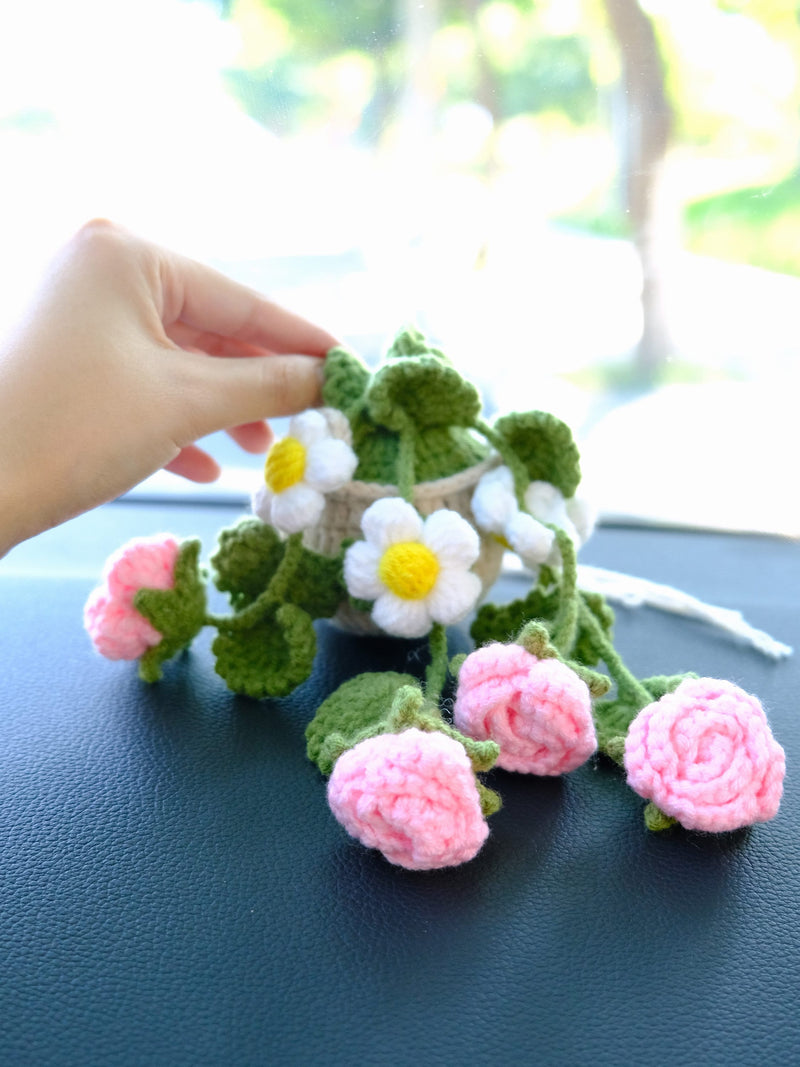 Crochet Rose & Daisy Car Mirror Hanging Accessories, Succulents Car Rear View Mirror Accessory, Boho Interior Car Accessory for Women