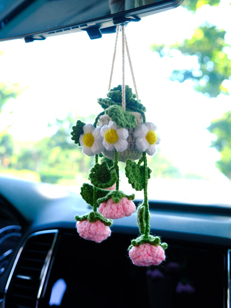 Crochet Rose & Daisy Car Mirror Hanging Accessories, Succulents Car Rear View Mirror Accessory, Boho Interior Car Accessory for Women