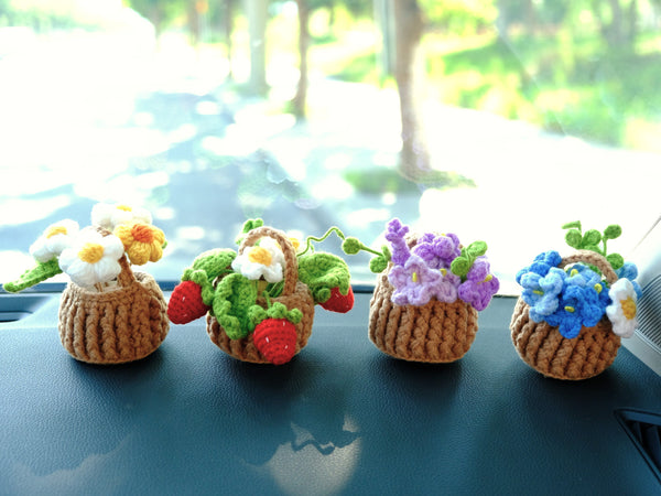 Crochet Strawberry/Daisy/Forget Me Not Car Accessory, Flower Basket Car Dashboard Decor, Boho Car Interior Accessory, Christmas Gift for Her