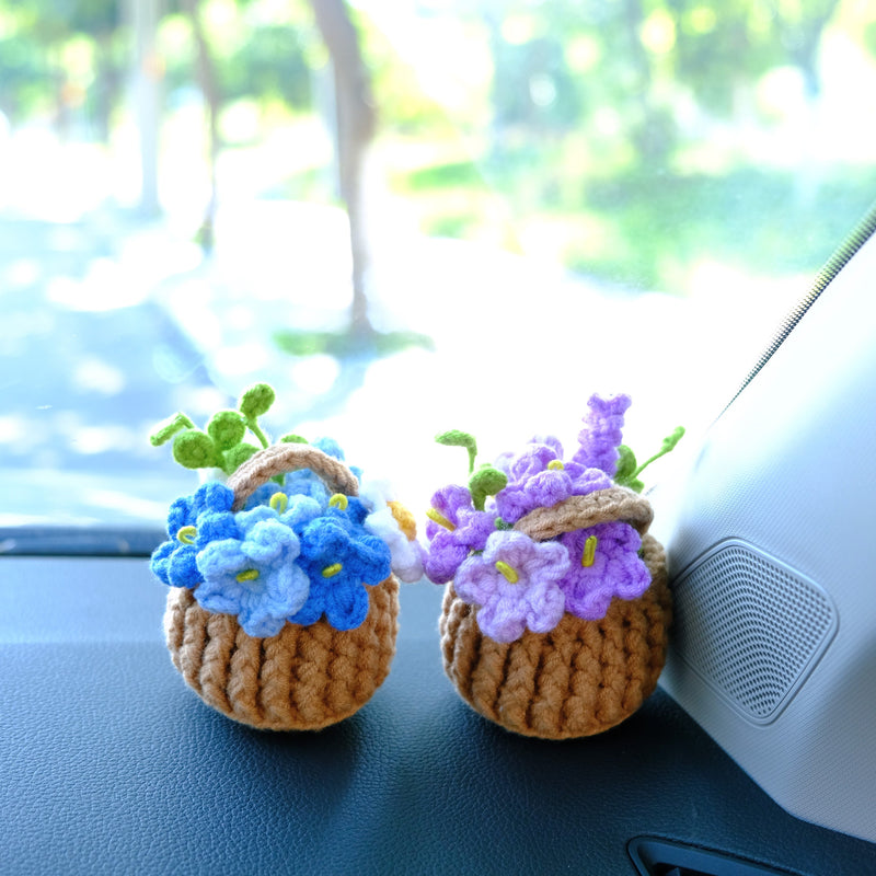 Crochet Strawberry/Daisy/Forget Me Not Car Accessory, Flower Basket Car Dashboard Decor, Boho Car Interior Accessory, Christmas Gift for Her