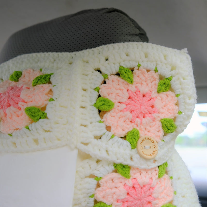 Crochet Cherry Blossom Car Tissue Box, Pink Flowers Car Tissue Box Holder, Boho Car Tissue Cover, Boho Interior Car Accessories for Women