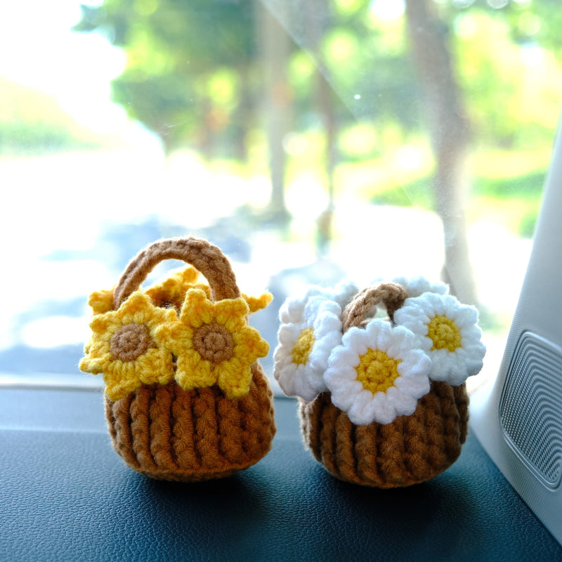 Crochet Sunflower/Daisy Flower Basket Car Dashboard Accessory, Car Plant Dashboard Decor, Cute Car Accessories Interior, Christmas Gift