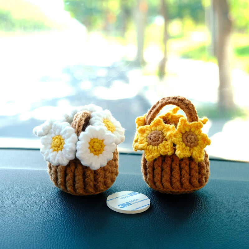 Crochet Sunflower/Daisy Flower Basket Car Dashboard Accessory, Car Plant Dashboard Decor, Cute Car Accessories Interior, Christmas Gift